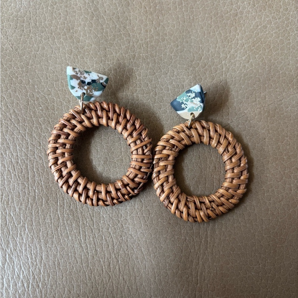 Woven Rattan Hoop Earrings with Floral Accents